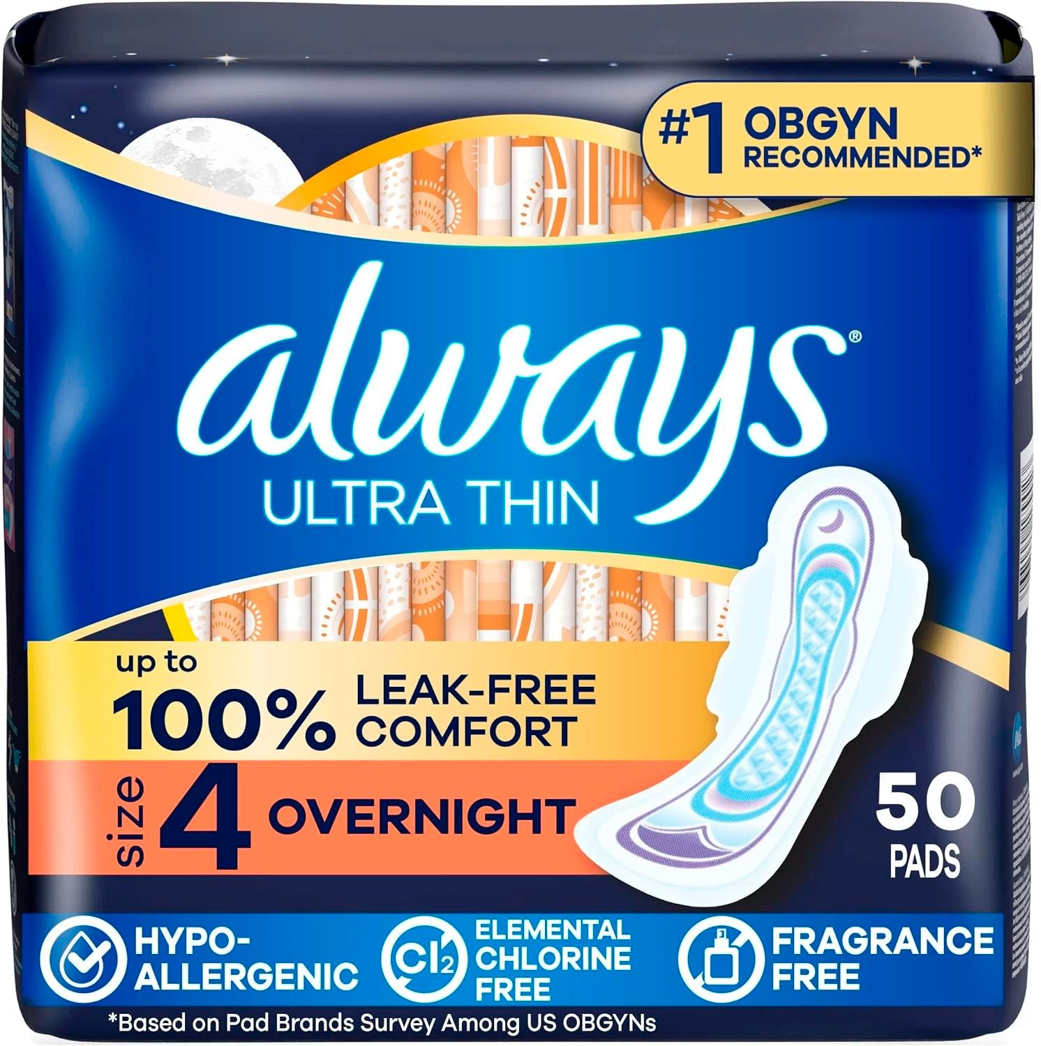 Always Ultra Thin Feminine Pads with Wings Size 4 Overnight Unscented 50 Count
