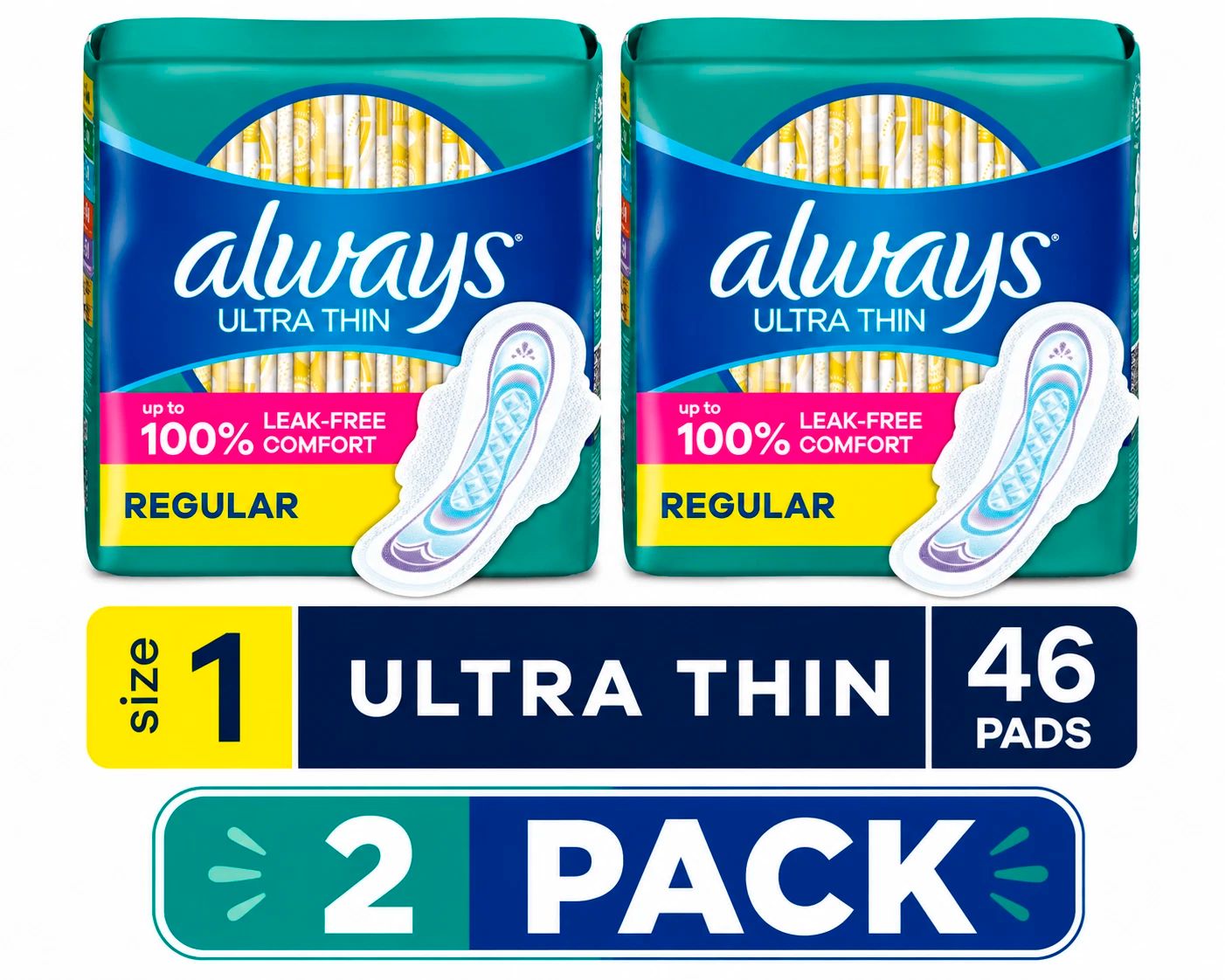 (2 Pack) Ultra Thin Pads with Wings, Size 1, Regular, 46 Count each