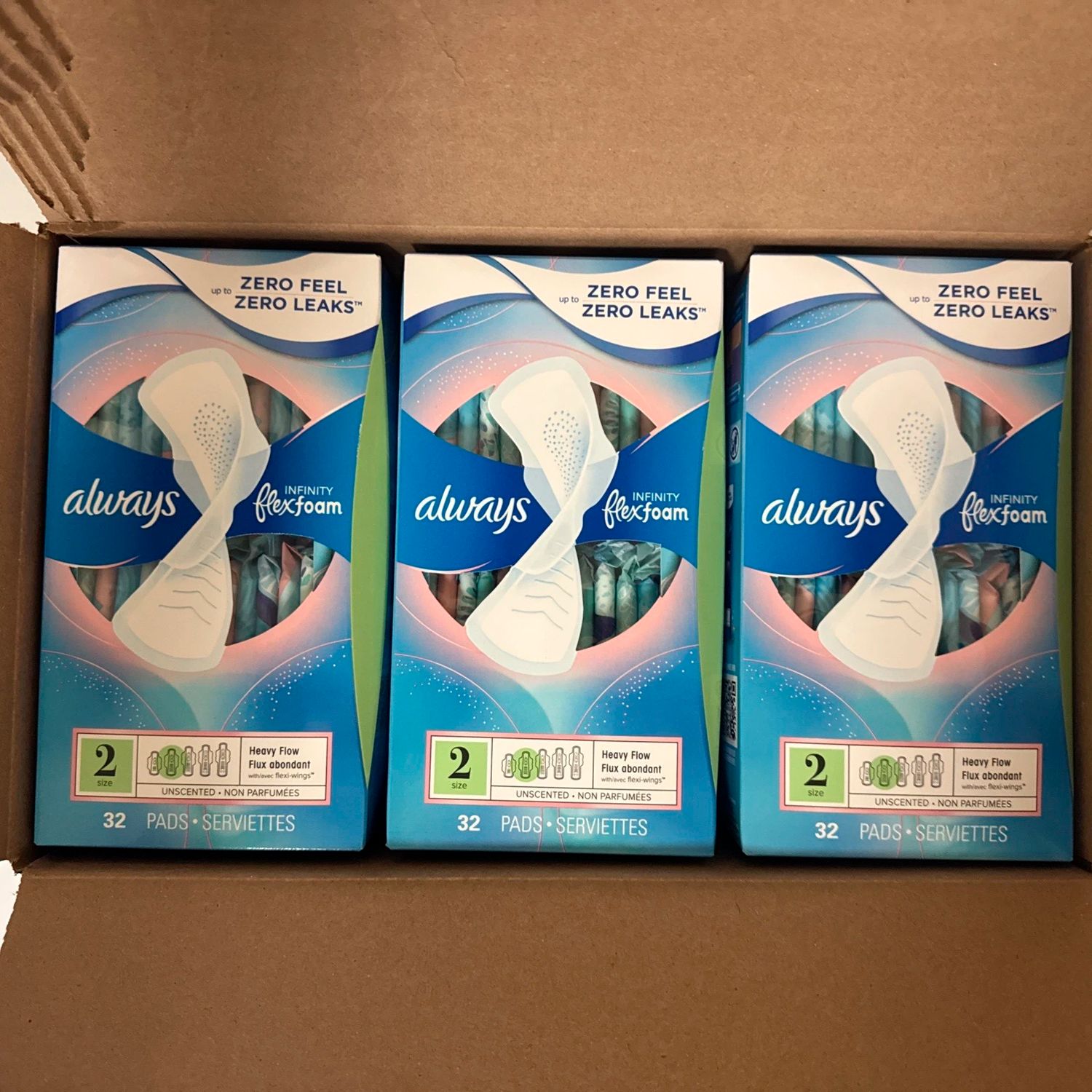 3 Pack Always Infinity Feminine Pads, Size 2 Heavy, wings, Unscented 32ct each