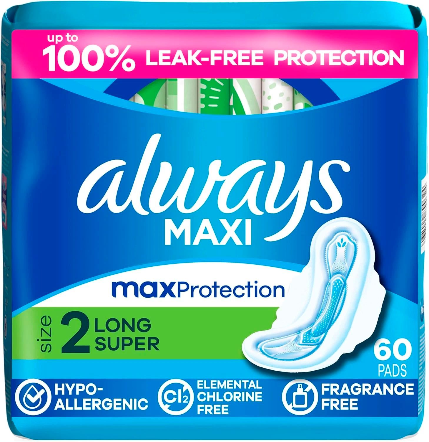 Always Maxi Pads with Wings Size 2 Long Super Absorbency Unscented 60 Count