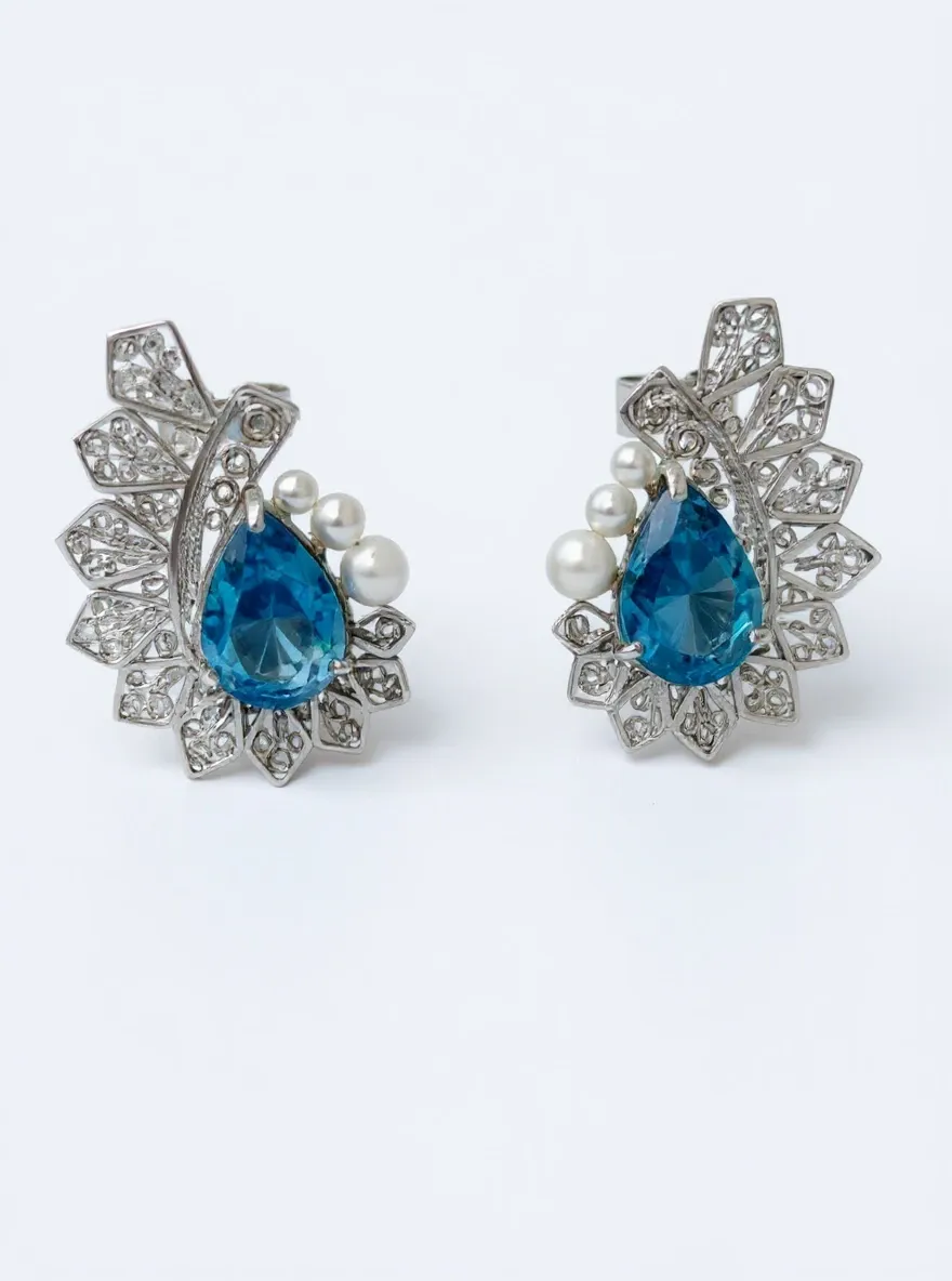 Filigree earrings - blue topaz &amp; pearl