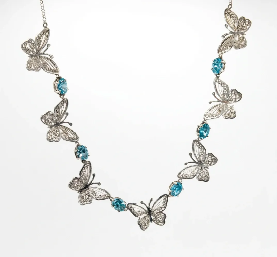 Butterfly necklace - silver filigree &amp; blue topaz