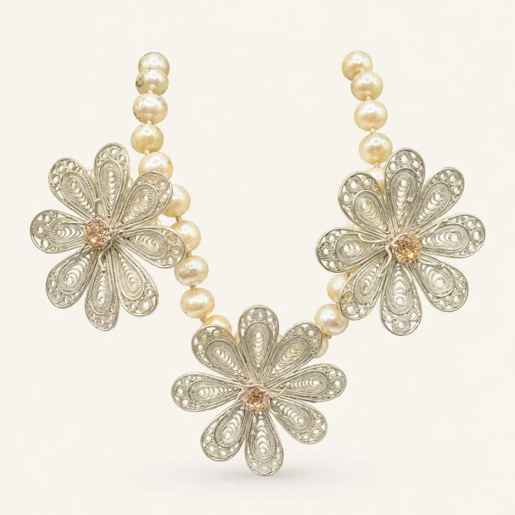 Flower necklace - filigree, pearl &amp; topaz