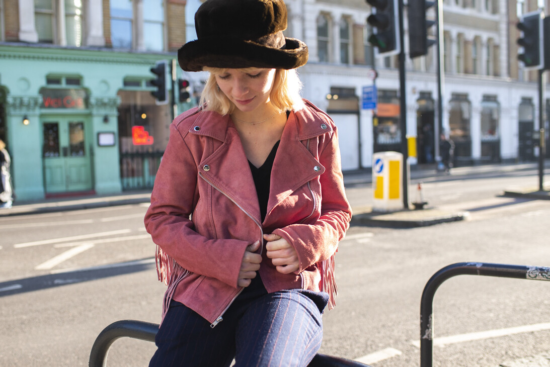 Pink Suede Fringe Biker Jacket