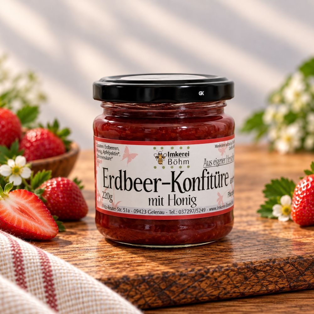 Erdbeerkonfitüre extra mit Honig, 220g
