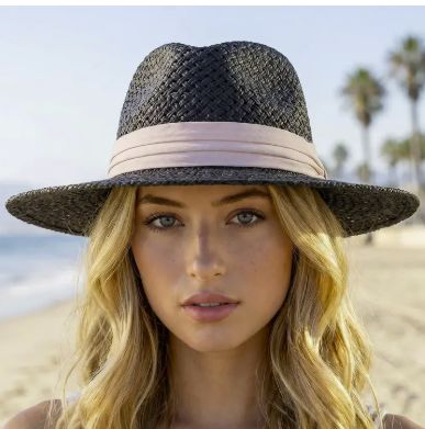 Black Open Weave Straw Fedora with Cream Band