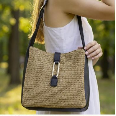 Crochet Straw Hobo Shoulder Bag with Buckle Strap