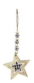 Buffalo Check Beaded Wood Star Ornament
