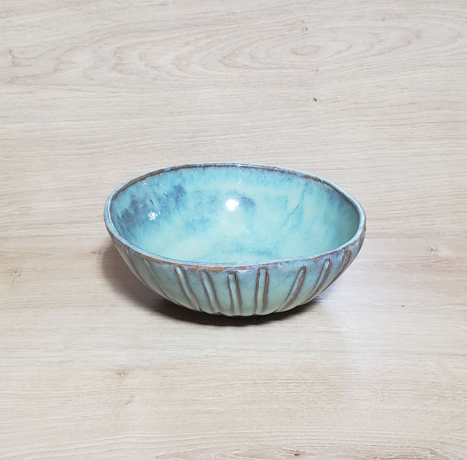 Textured Turquoise Hand Built Grooved Fruit Bowl