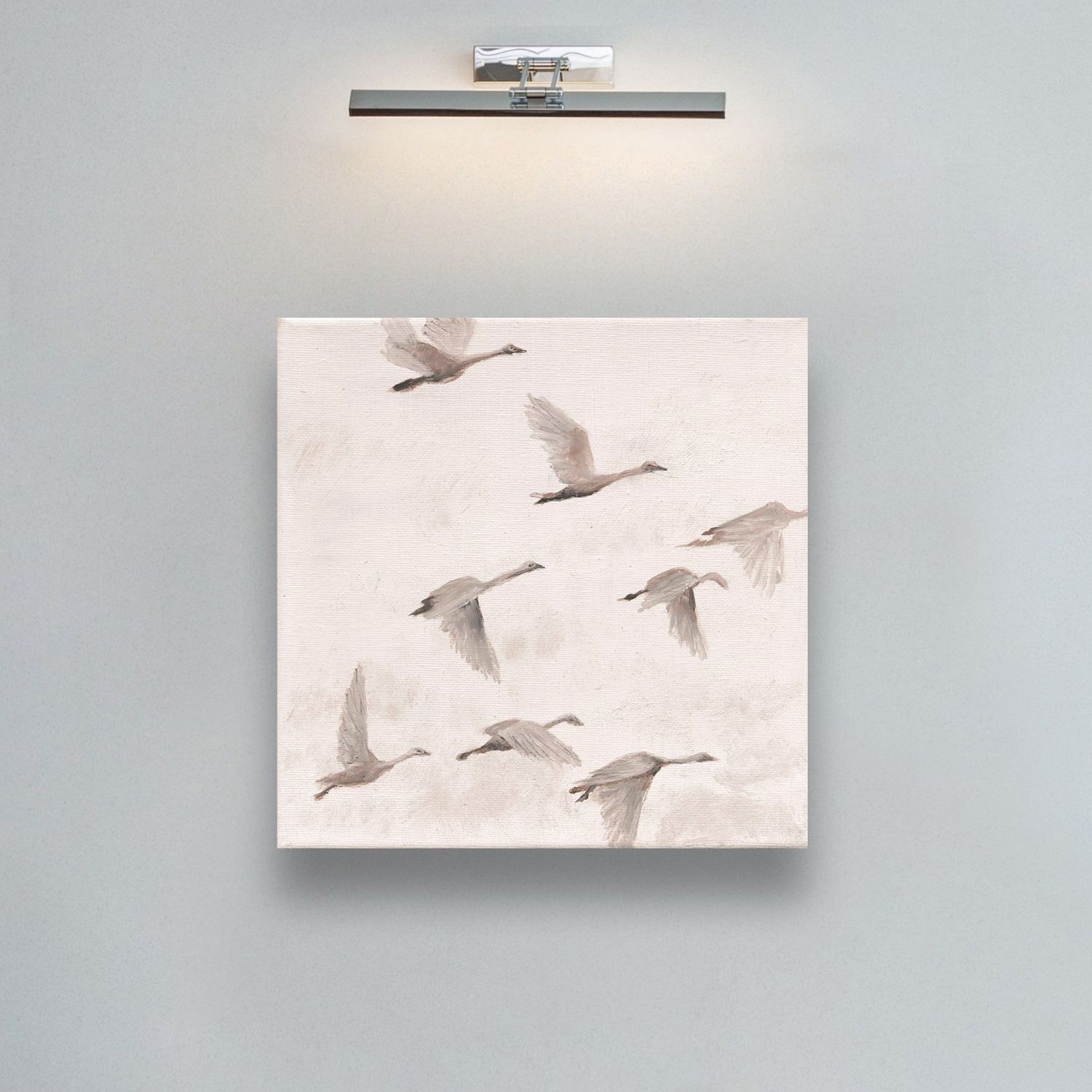 Flying swans 20x20 cm oil on canvas