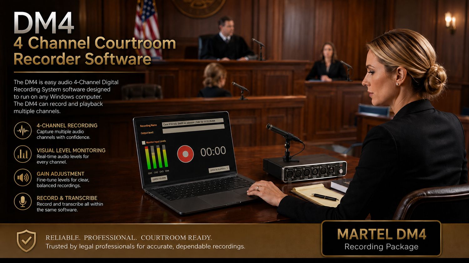 4 Channel Courtroom Recorder Software hardware - DM4 with 4 Microphones package