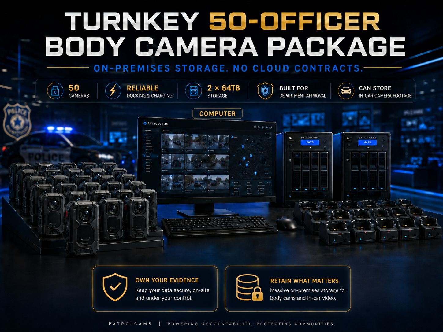 50 Officer Police Body Camera Package with 64 Terabyte Storage package On-Premises workstation and storage system Turnkey