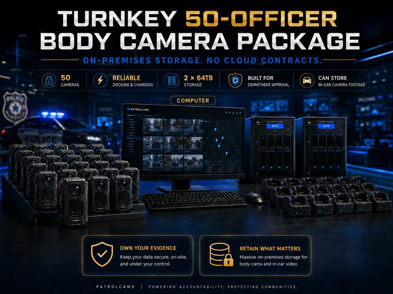 50 Officer Police Body Camera Package with 64 Terabyte Storage package On-Premises workstation and storage system Turnkey