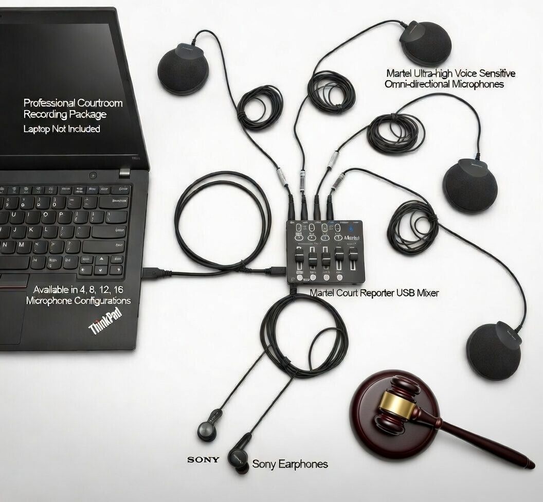 Court Reporter Microphone Mixer System with 4  Microphones Turnkey package for Courtrooms and depositions