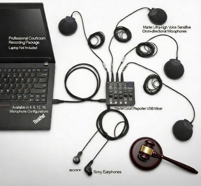 Court Reporter Microphone Mixer System with 4  Microphones Turnkey package for Courtrooms and depositions