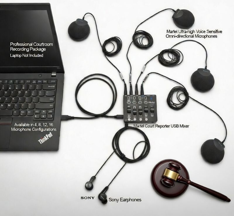 Court Reporter Microphone Mixer System with 4  Microphones Turnkey package for Courtrooms and depositions