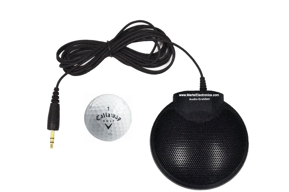 Martel Audio Grabber microphone with cable, 3.5 mm plug and a golf ball shown for size comparison