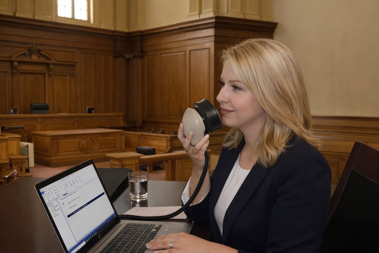 Martel website photograph of a reporter using a Stenomask with a laptop