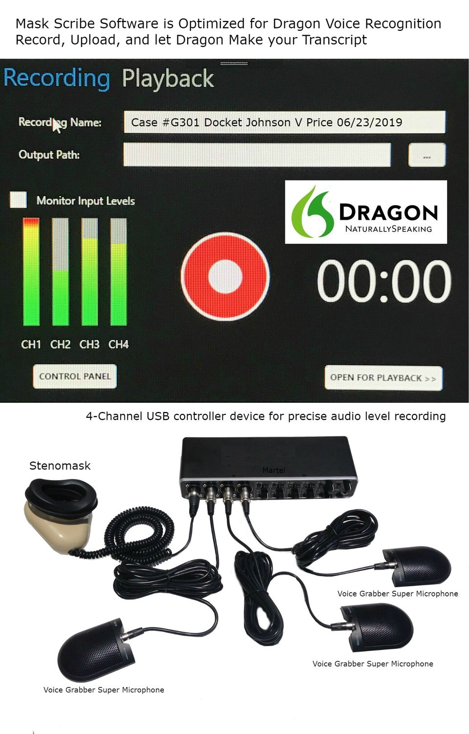 Mask Scribe 4-Channel Digital Recording System software designed for stenomask voice writers
