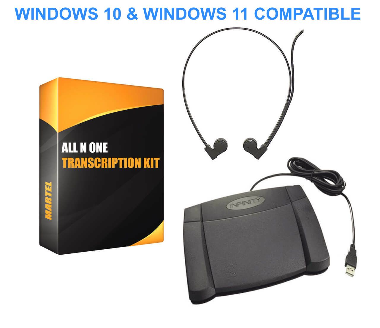 All N One computer transcription kit with USB foot pedal and headset, as pictured in Martel SKU 405