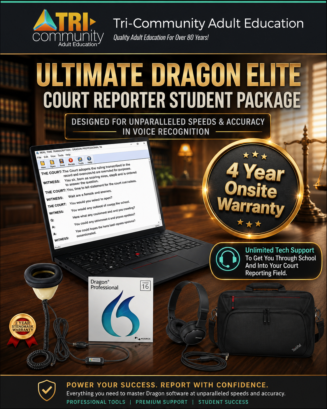 Tri-Community Adult School Court Reporting Voice Writing 64 Gig Dragon Elite Laptop Package