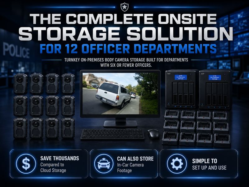 12 Officer Police Body Camera Package with 24 Terabyte Storage package On-Premises workstation and storage system