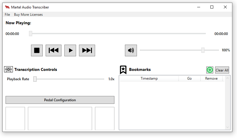 Martel Audio Transcriber interface with playback speed volume and foot pedal controls