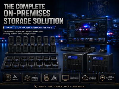 24 Officer Police Body Camera Package with Two - 32 Terabyte Storage package 80 Terabyte Total of On-Premises Storage