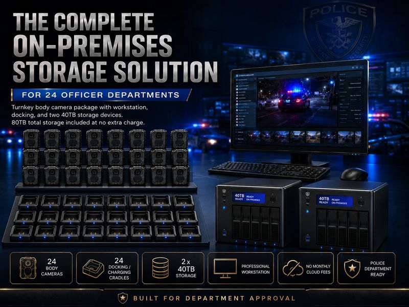 24-Officer Police Body Camera Package with Two 40 TB RAID Storage Devices