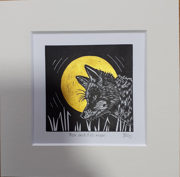 Fox and Gold Moon - Lino Print