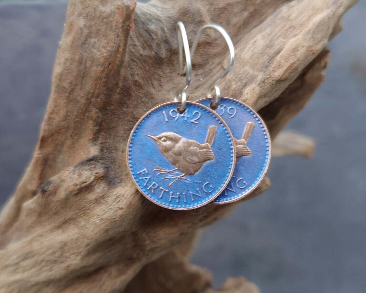 Painted Wren Farthing Earrings, Please choose a colour: Dark Blue Earrings