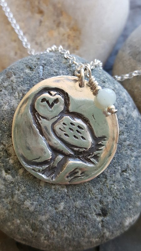 Handmade Barn Owl Pendant in Fine Silver with Sterling Silver Chain