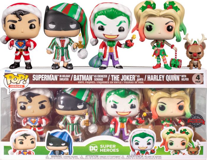 DC Comics - Holiday Superman, Harley Quinn, Joker Santa &amp; Scrooge Batman Pop! Vinyl Figure 4-Pack