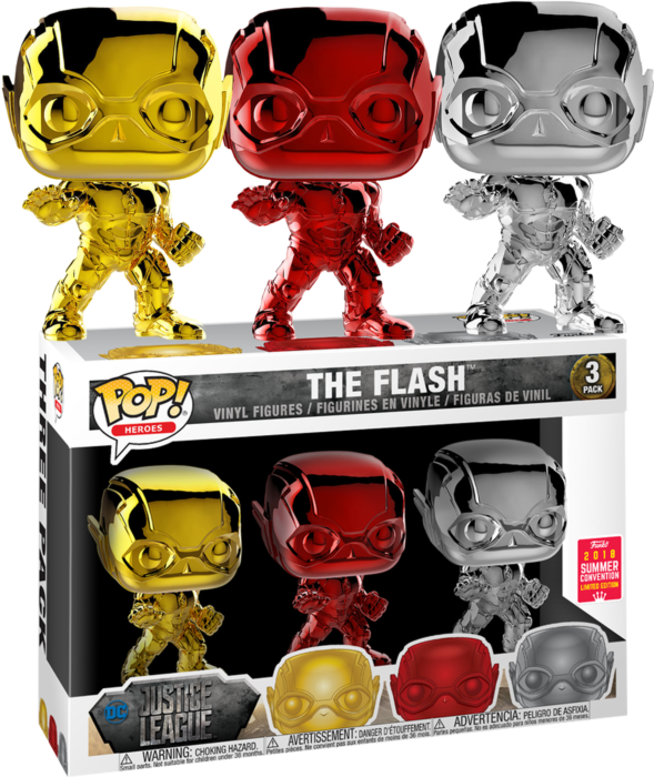 Justice League (2017) - The Flash Red, Gold &amp; Silver Chrome Pop! Vinyl Figure 3-Pack (2018 Summer Convention Exclusive)