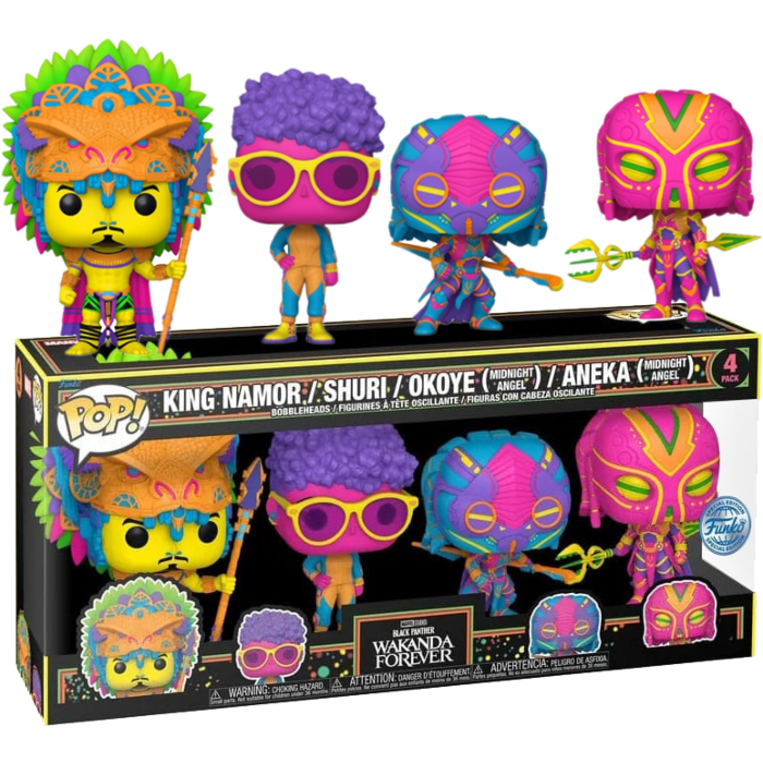 Black Panther 2: Wakanda Forever - King Namor, Shuri, Okoye &amp; Aneka Blacklight Pop! Vinyl Figure 4-Pack