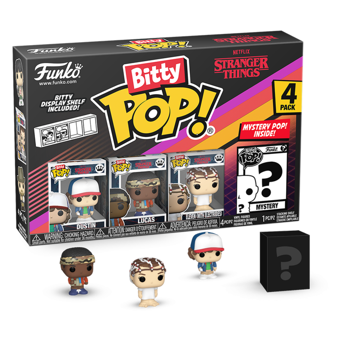 Stranger Things - Dustin, Lucas, Eleven (with Electrodes) &amp; Mystery Bitty Pop! Vinyl Figure 4-Pack