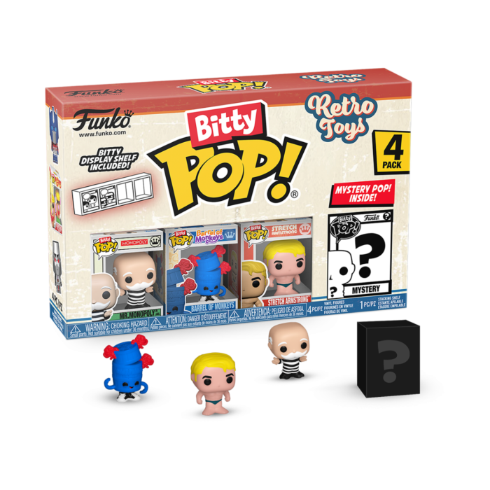 Retro Toys - Mr. Monopoly, Barrel of Monkeys, Stretch Armstrong &amp; Mystery Bitty Pop! Vinyl Figure 4-Pack