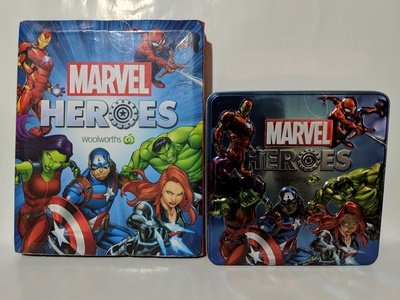 Marvel heroes woolworths discs album and metal tin collection case- near complete