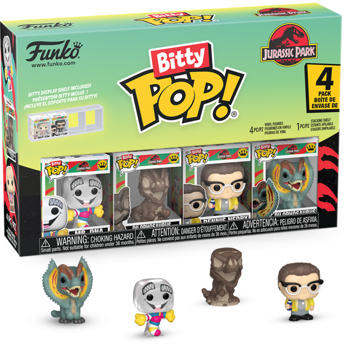 Pre-Order: Jurassic Park - Mr. DNA, Dilophosaurus Fossil, Dennis Nedry &amp; Dilophosaurus Bitty Pop! Vinyl Figure 4-Pack