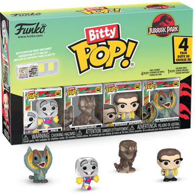 Pre-Order: Jurassic Park - Mr. DNA, Dilophosaurus Fossil, Dennis Nedry &amp; Dilophosaurus Bitty Pop! Vinyl Figure 4-Pack