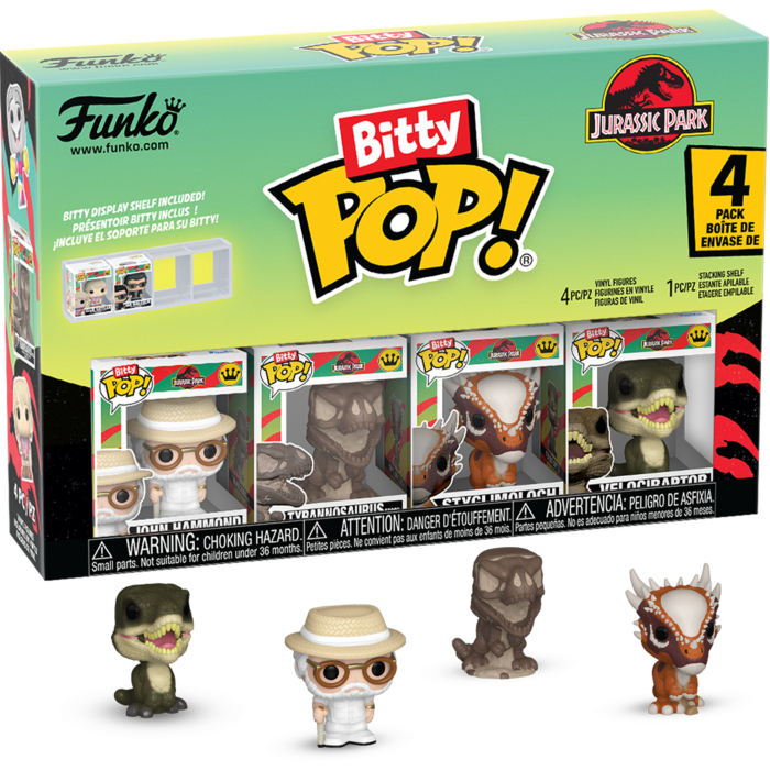 Pre-Order: Jurassic Park - John Hammond, Tyrannosaurus Fossil, Stygimoloch &amp; Velociraptor Bitty Pop! Vinyl Figure 4-Pack