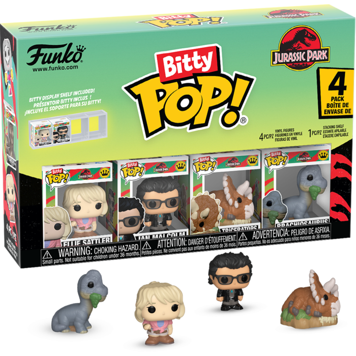 Pre-Order: Jurassic Park - Ellie Sattler, Ian Malcolm, Triceratops &amp; Brachiosaurus Bitty Pop! Vinyl Figure 4-Pack