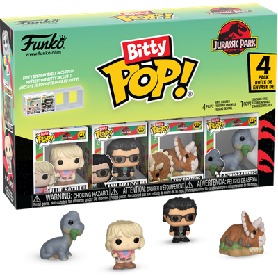 Pre-Order: Jurassic Park - Ellie Sattler, Ian Malcolm, Triceratops &amp; Brachiosaurus Bitty Pop! Vinyl Figure 4-Pack