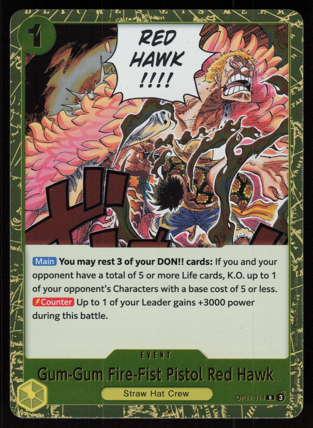 Gum-Gum Fire-Fist Pistol Red Hawk Foil R A Fist of Divine Speed OP11-114 NM