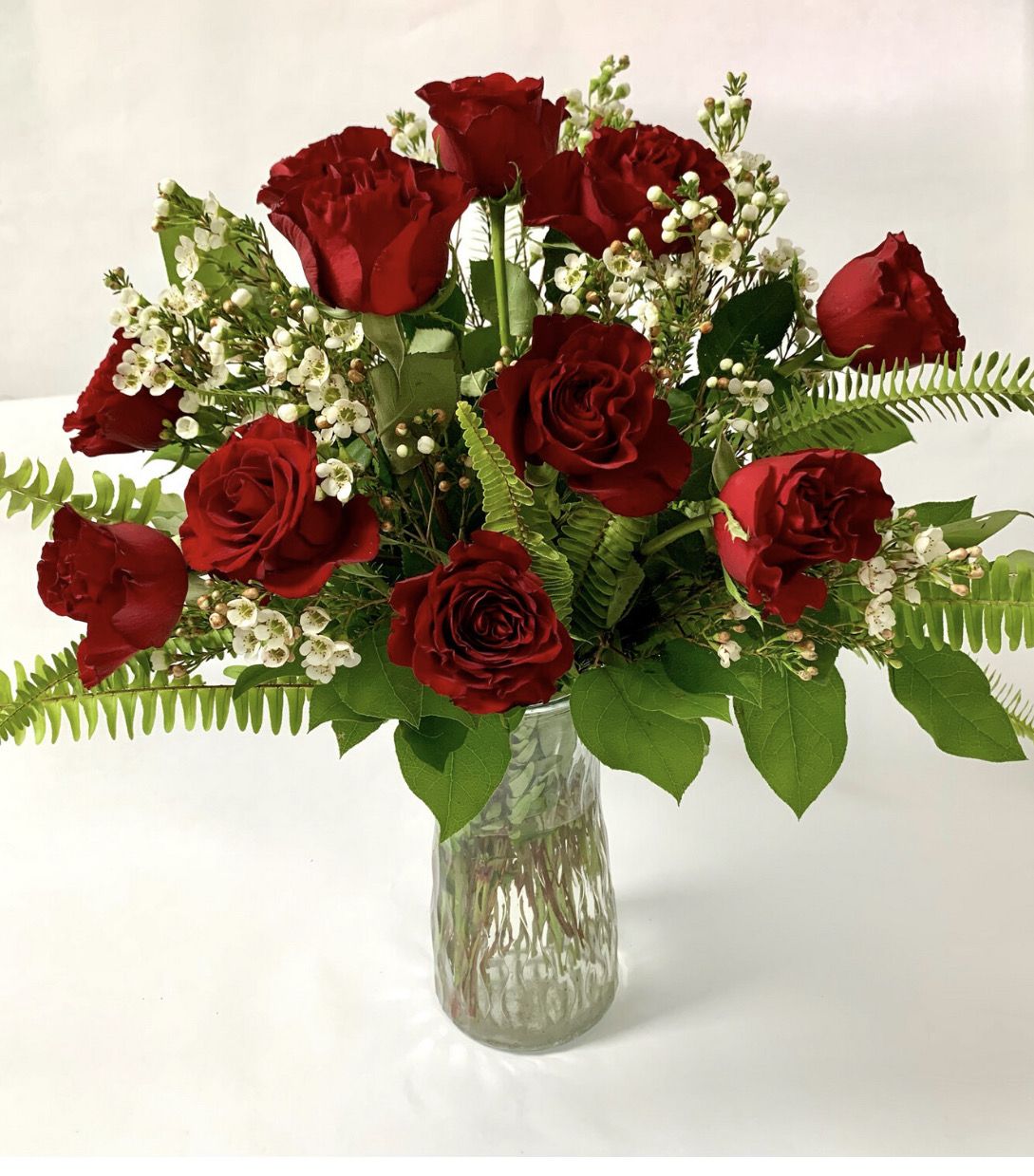 1 Dozen Fresh Roses Arranged in a Vase with Filler - Choose Color