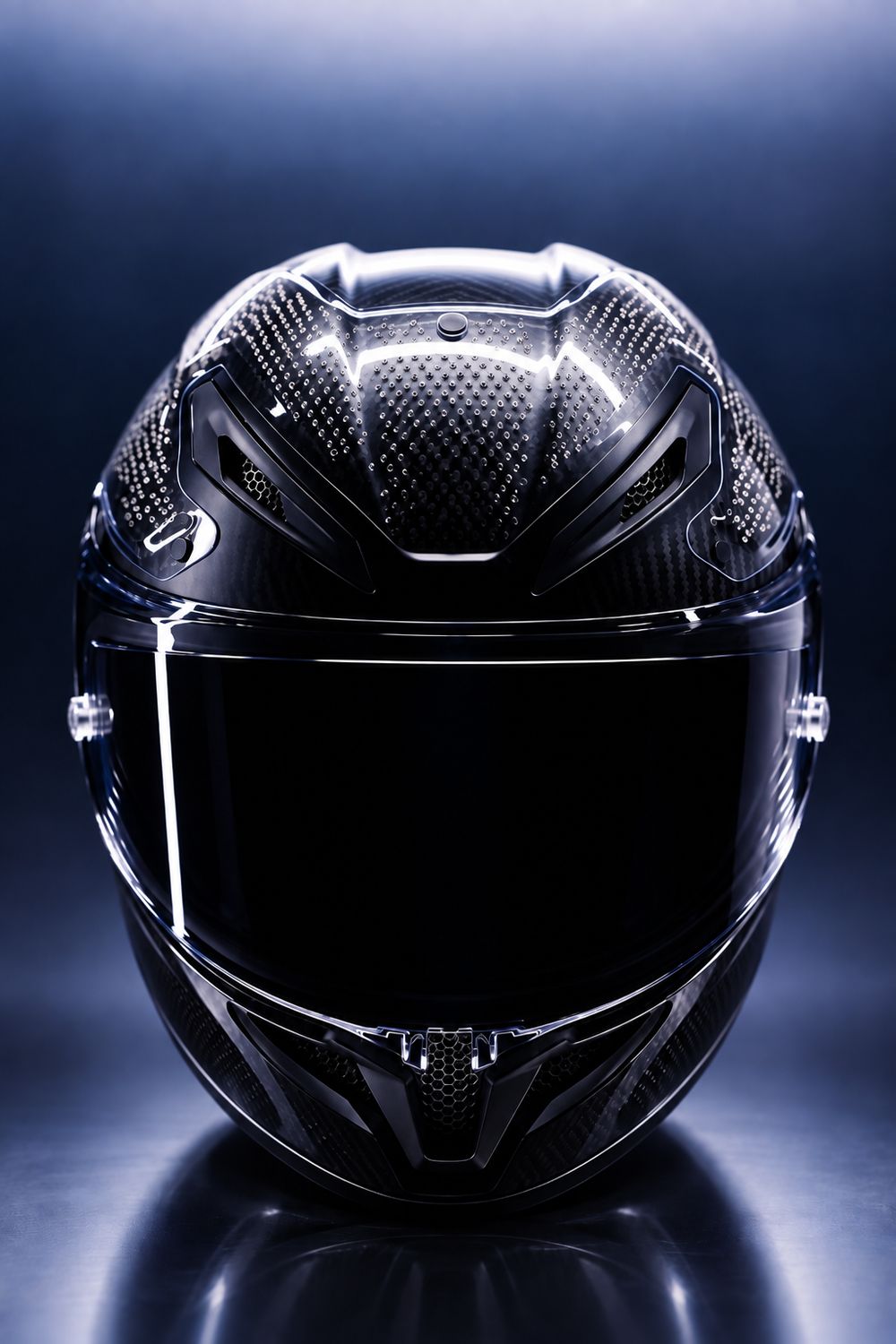 Front view of a motorcycle helmet with a dark closed visor