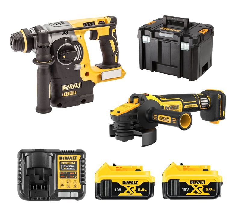 DeWalt Zestaw 18V Młotowiertarka 2,1J DCH273 Szlifierka DCG405 2x5Ah TSTAK6