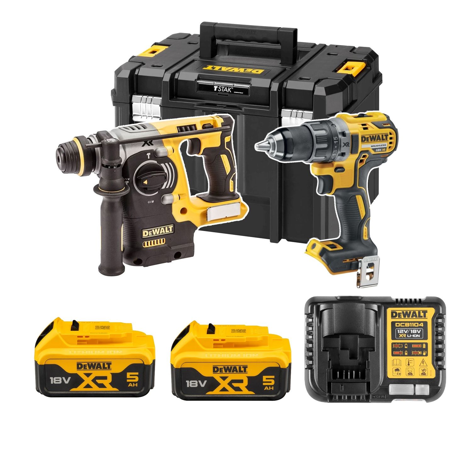 Dewalt Zestaw 18V Młotowiertarka 2,1J DCH273 Wiertarko-wkrętarka 70Nm DCD796 2x5Ah Walizka TSTAK