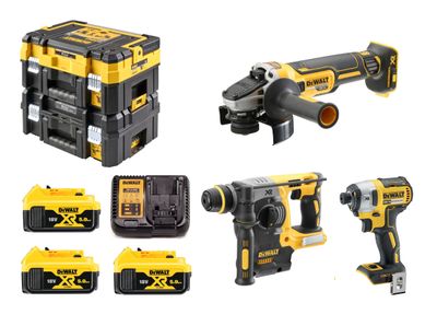 DeWalt Zestaw 18V Młotowiertarka Szlifierka kątowa Zakrętarka udarowa 3x5Ah Ładowarka DCB1104 DCK305P3T