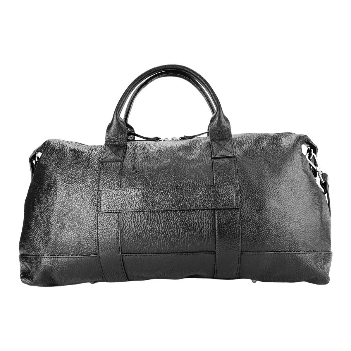 Aus echtem Leder: Retro Reisetasche in edlem Schwarz, mit verstellbarem und abnehmbarem Schultergurt. Reißverschluss und Zubehör